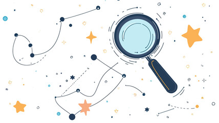 Poster - abstract magnifying glass with starry sky background connecting line and points illustrating univers