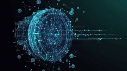 Poster - Futuristic Polygonal Bank Vault Door in Motion with Flying Debris, Minimalist SVG Vector Mesh Concept for Security and Technology Themes