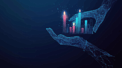 Poster - Abstract Human Hand Protecting Candlestick Chart - Stock Market Investment Concept with Low Poly Wireframe and 3D Effect