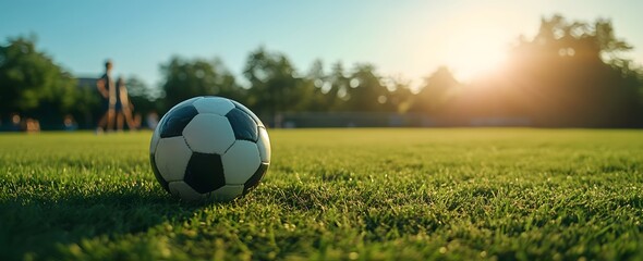 soccer ball on grassy field at sunset