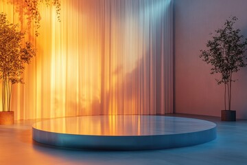 A serene indoor setting featuring a circular stage with atmospheric lighting, Ideal for presentations, performances, or fashion shows, this image evokes creativity and elegance in various contexts,