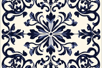 Poster - a hand-drawn tile pattern with a navy blue and white color scheme, inspired by the style of vintage 