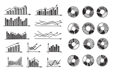 graphs and charts on white background, set hand drawn . vector