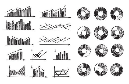 Graphs and Charts on white background, Set hand drawn . Vector	
