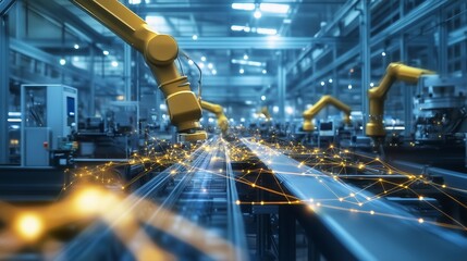 Poster - automation technology in a modern manufacturing facility with robotic arms working on assembly lines