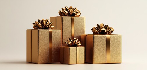 Three golden gift boxes in various sizes adorned with elegant bows for a luxurious holiday celebration or special occasion