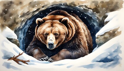 Wall Mural - Cozy winter portrait of a bear huddled in its den, illustrated in soft watercolor hues