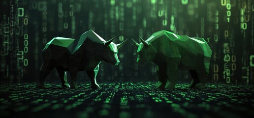 Poster - 3D render of green polygonal bull and bear symbolizing stock market trends with digital matrix background