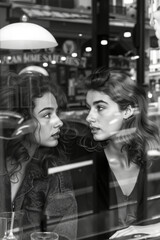 Two women sitting at a table looking out of a window