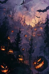 Eerie Halloween Night with Glowing Jack-o'-Lanterns, Bats, and Haunted Castles in Misty Black Sky