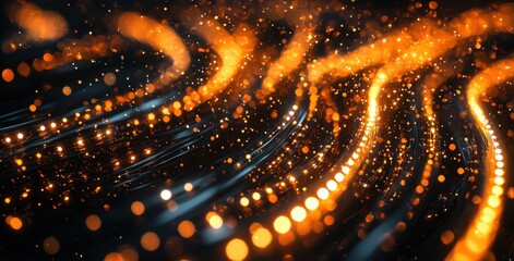 Poster - close-up of an optical fiber cable with glowing white and orange lights creating an abstract futuris