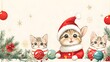 © Tonadech - A kawaii Christmas card featuring a cute rabbit in a Santa hat, colorful decorations, and cheerful kittens in Santa suits with a large blank space for writing holiday wishes