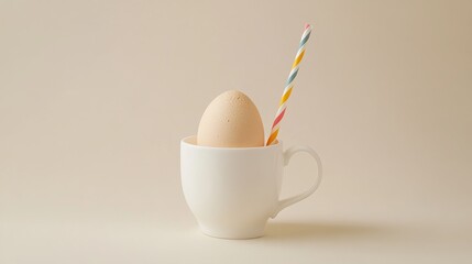 Poster - Egg in white cup with colorful striped straw, minimalist composition. Creative culinary art concept