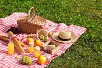 Canvas Print - Picnic basket, different snacks, juice and hat on green grass outdoors