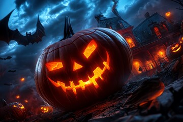 A haunted mansion in a fantasy world, where ghostly figures swirl around and magical pumpkins glow with eerie light on Halloween night