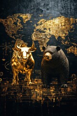 Poster - Golden bull and bear statues symbolizing financial market trends with world map background in digital style