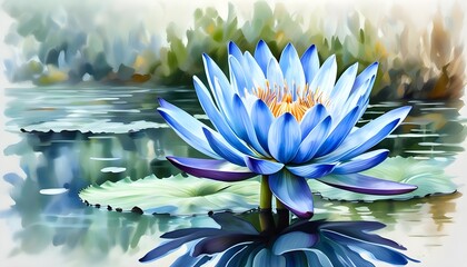 Wall Mural - Tranquil blue lotus flower elegantly floating on a serene pond, captured in delicate watercolor and hand-drawn artistry