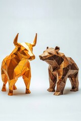 Poster - Golden origami bull and bear sculptures symbolizing stock market trends, finance, and investment strategies in shimmering geometric artistry