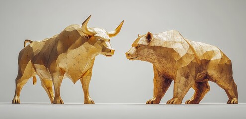 Poster - Golden low-poly bull and bear standing side by side in a geometric design representing financial market trends and investment concepts