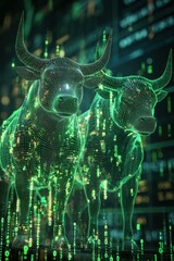 Poster - Green wireframe illustration of a bull and bear signifying the stock market with binary code background