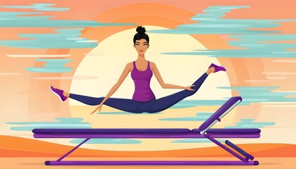 Wall Mural - Dynamic Pilates Stretching at Sunset with Abstract Shapes Surrounding a Woman in a Split Pose on a Reformer