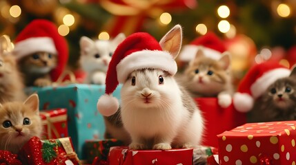 A cute rabbit in a Santa hat sitting among colorful presents and cheerful kittens wearing Santa hats, with vibrant Christmas trees and big-eyed people smiling in the background