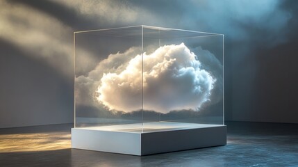 Poster - Cloud suspended in glass cube, illuminated art installation. Modern art and creativity concept