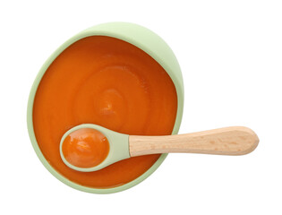 Poster - Tasty baby food in bowl and spoon isolated on white, top view