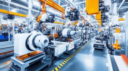 Poster - high-tech robotic assembly line in an industrial facility showcasing automation and precision engine