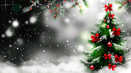 Christmas background with fir tree and snowflakes. Greeting card template with copy space.