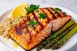 © Thanyarat - A high-protein weight loss meal with salmon, roasted asparagus, and brown rice, set against a clean, minimalist kitchen backdrop