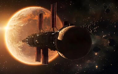 Futuristic space station orbiting a fiery planet