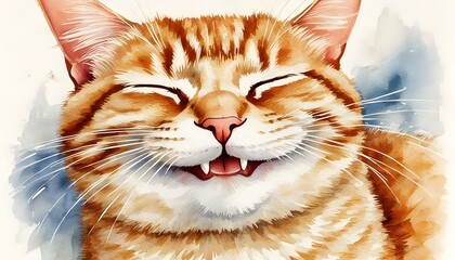 Wall Mural - Charming watercolor portrayal of a joyful cat welcoming its owner with a soft purr and a friendly smile