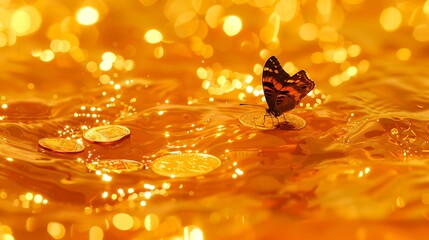 Wall Mural - A butterfly rests on a coin in a pool of golden liquid, surrounded by bokeh lights.