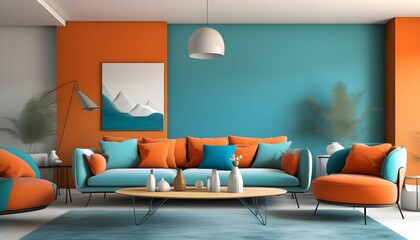 Wall Mural - Contemporary living room with vibrant orange furniture against bold blue walls, showcasing trendy decor elements in modern interior design