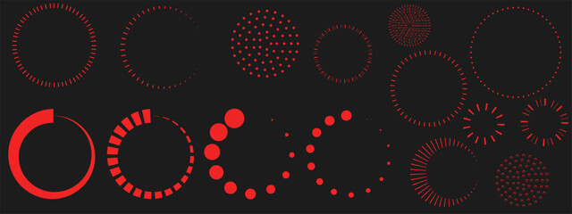 Vector set of abstract dials of different shapes and thickness of lines. Red. Isolated on black background