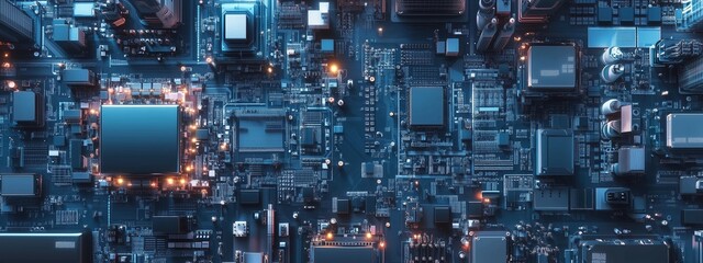 Poster - overview of a complex microchip circuit layout showcasing intricate connections and illuminated comp