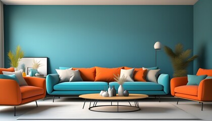 Wall Mural - Contemporary living room with vibrant orange furniture against bold blue walls, showcasing trendy decor elements in modern interior design