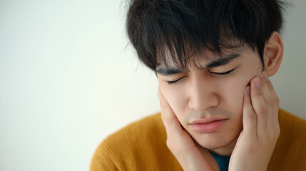 Man experiencing toothache pain, close-up of face with hands on cheeks, discomfort, health issue concept