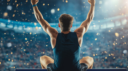 Triumphant athlete celebrating victory in stadium, jubilation, success, winning the competition, sports achievement concept