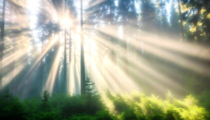 Wall Mural - Serene forest glade illuminated by gentle sunlight streaming through a lush canopy of trees