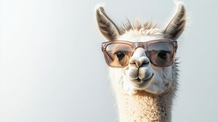 closeup portrait of a comical llama wearing stylish sunglasses isolated on a clean white background showcasing its fluffy fur and playful personality evoking smiles and joy