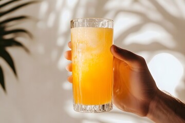 refreshing orange juice drink in hand