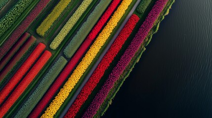 Vibrant tulip fields in full bloom showcasing colorful rows beside a peaceful waterway during springtime