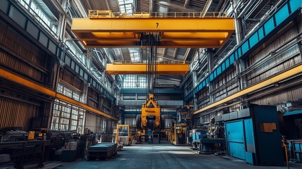 Wall Mural - Inside a large industrial warehouse featuring cranes operating above heavy machinery and equipment during bright daylight hours