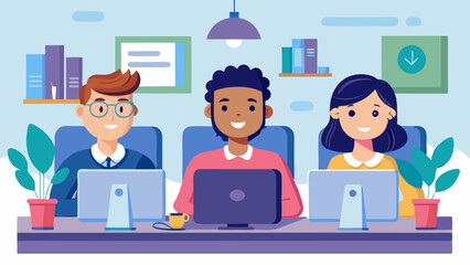 Wall Mural - Cartoon vector illustration of team with three people working in the office at the computers for online internet business or start up - men and women sitting at the desktop