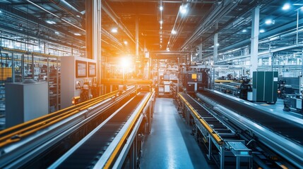 Poster - industrial warehouse interior showcasing automated conveyor systems and machinery during early morni