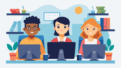 Wall Mural - Cartoon vector illustration of team with three people working in the office at the computers for online internet business or start up - men and women sitting at the desktop