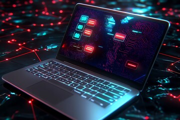 Poster - A laptop displaying an anonymous communication app, with encrypted messages and no user identities, symbolizing private online conversations
