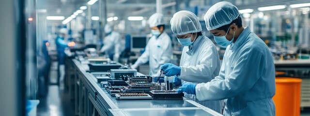Poster - workers assembling electronic components in a cleanroom facility during daylight hours